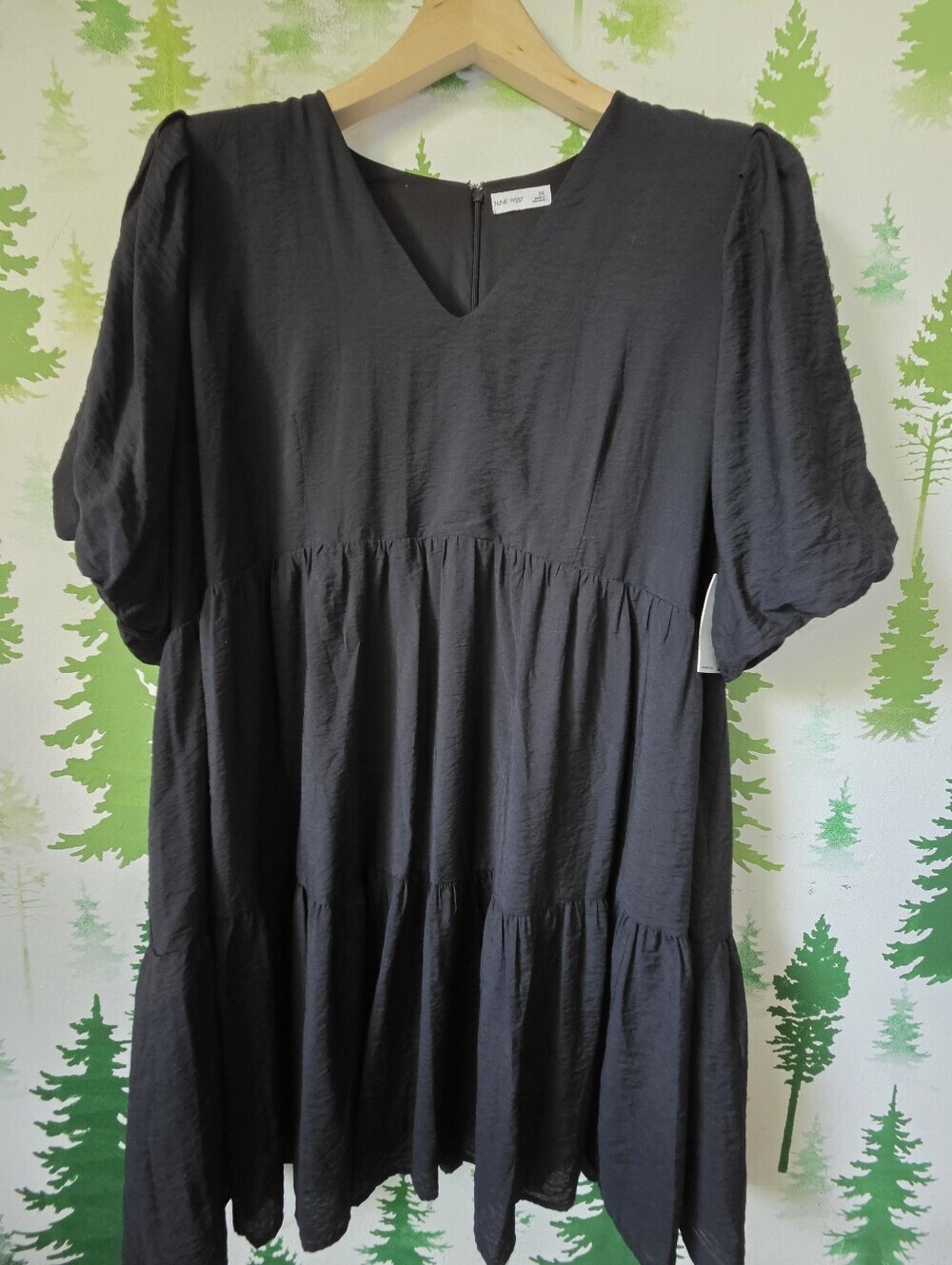 Nine West Black V-Neck Tiered Puff Sleeve Baby Doll Dress